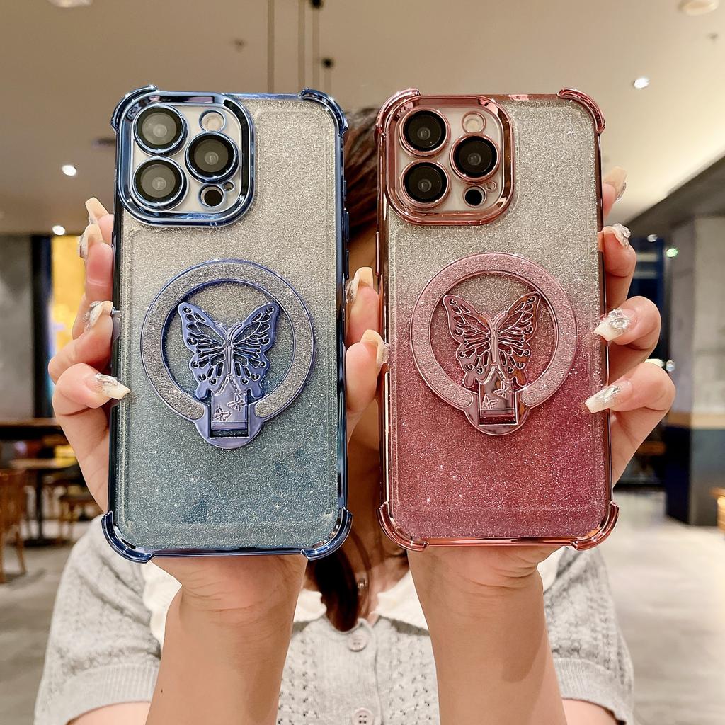 Applicable to iPhone16ProMax mobile phone case butterfly glitter bracket Apple 15 four corners anti-drop protective case