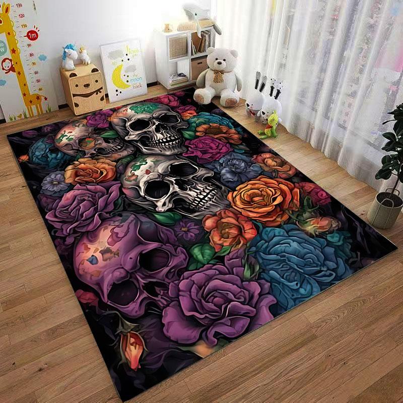 Floral Skull Art Carpet suitable as a non-slip mat for the living room or bedroom sofa