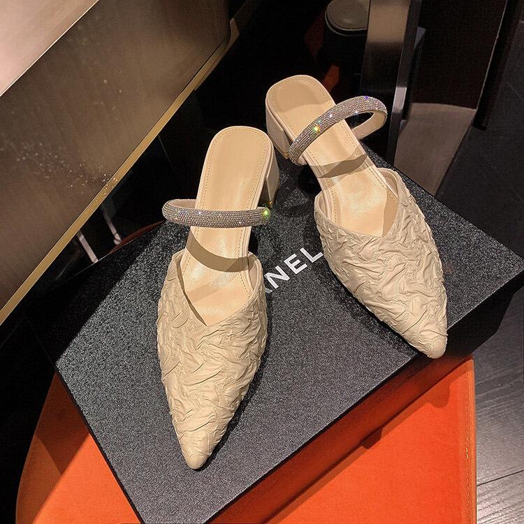 Тапочки Baotou, женская летняя одежда 2024 года, новые модные тапочки с острым носком на толстом каблуке, женственные женские туфли