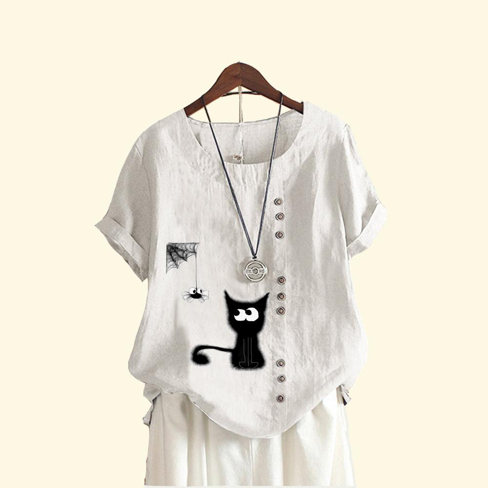 Ladies Pullover Loose Linen Blouse Women Casual Round Neck Cat Print Top Summer Fashion Short Sleeved T-shirt