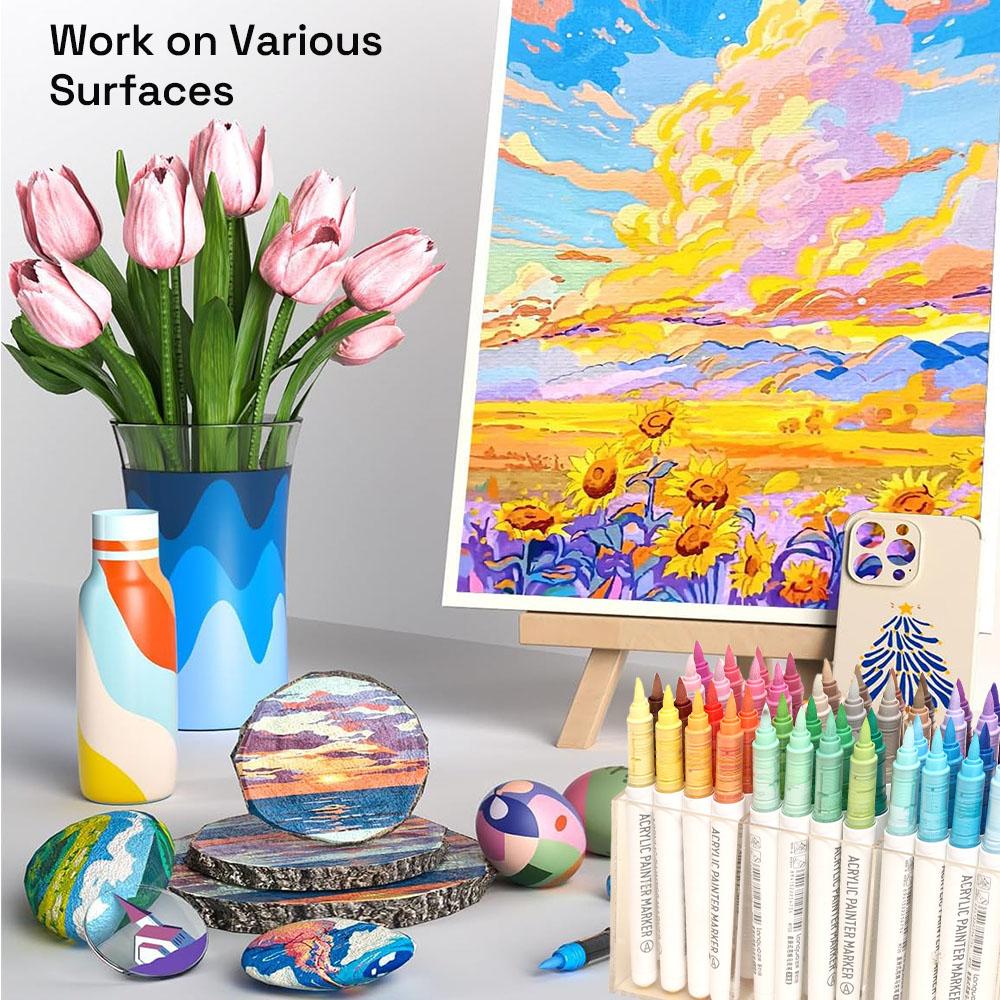 Automatic Ink Control Acrylic Paint Markers, 9 pcs Brush Tip Acrylic Paint Pens set with 7 professional color series