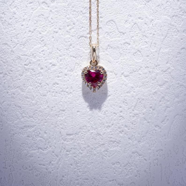 14K Yellow Gold Heart Shape Red Ruby Gemstone Necklace for Girl's and Women's, July Birthstone Pendant
