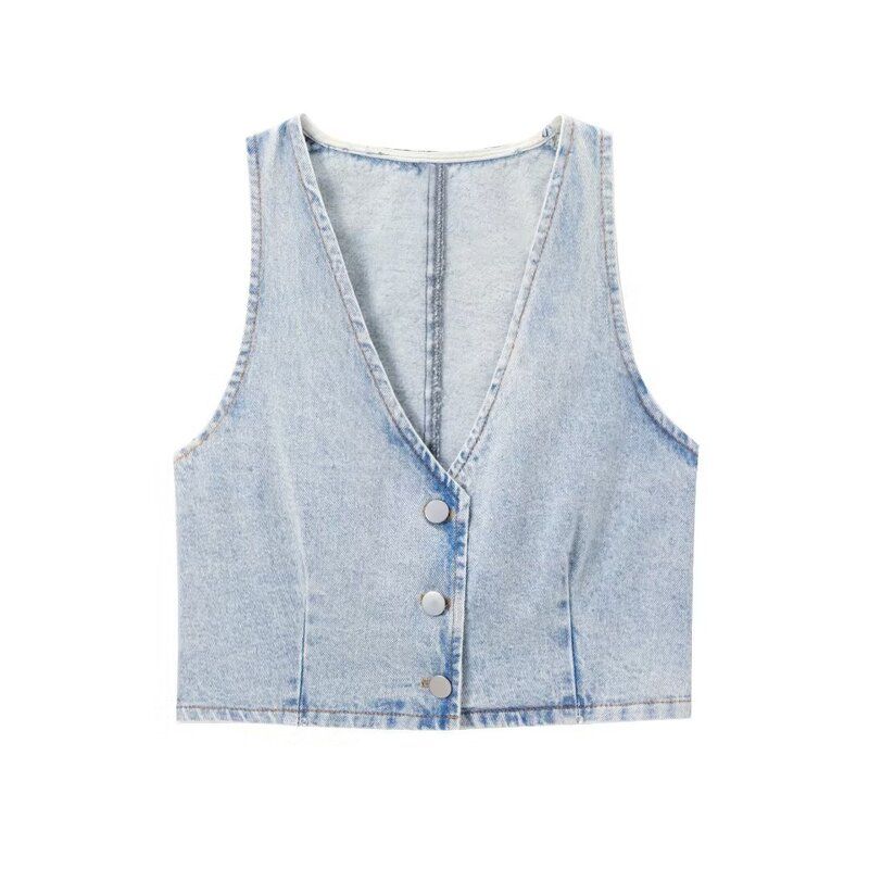 Fashion Style 2024 Summer New Arrival Women's Clothing All-Matching Sleeveless V Neck Denim Vest Mid Waist Skirt 1889163