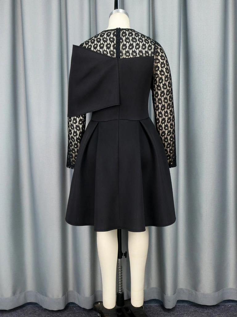 Черное платье трапециевидной формы с круглым вырезом, длинными кружевными рукавами и высокой талией, плиссированные до колена, вечерние бальные платья для коктейлей на день рождения