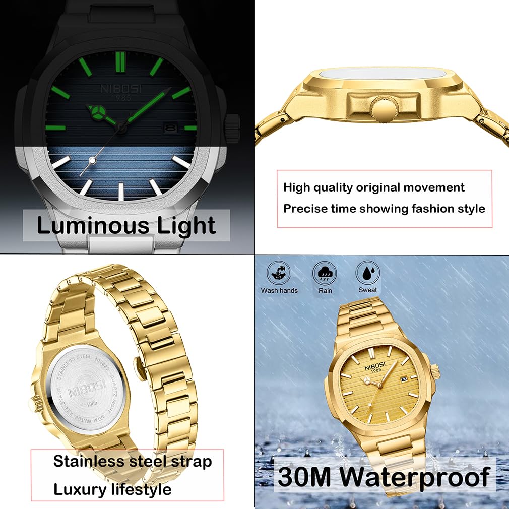 NIBOSI модные деловые наручные часы из нержавеющей стали с водонепроницаемым аналоговым металлическим ремешком, повседневные флуоресцентные часы с датой, классические роскошные подарочные золотые часы для мужчин