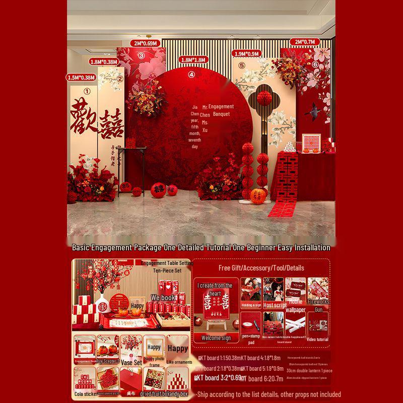 Chinese Wedding Banquet Decoration Set with Engagement Backdrop and Tabletop Ornaments
