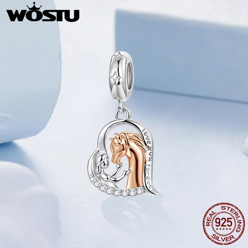 WOSTU 925 Sterling Silver Two-Tone Girl Horse Charm Pendant For Women Heart Bead Horse Lover Jewelry Family DIY Gift CTC1210