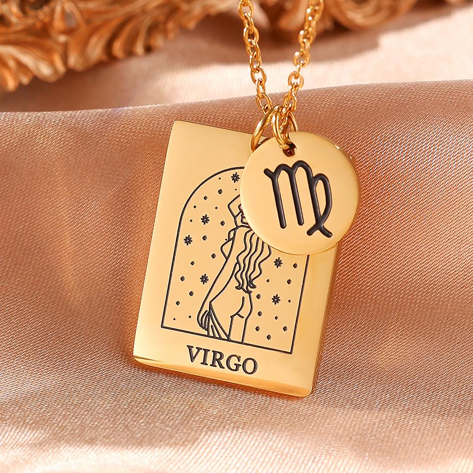 Htpwe Stainless Steel Twelve Zodiac Signs Pendant Necklace Women's Plated 18k Gold Couple Holiday Gift Necklace Party Zircon