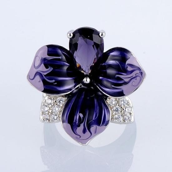 Women Ring 3D Flower Shape Rhinestone Decor Enamel Polished Copper Anniversary Gift Wedding Party Banquet Cocktail Jewelry