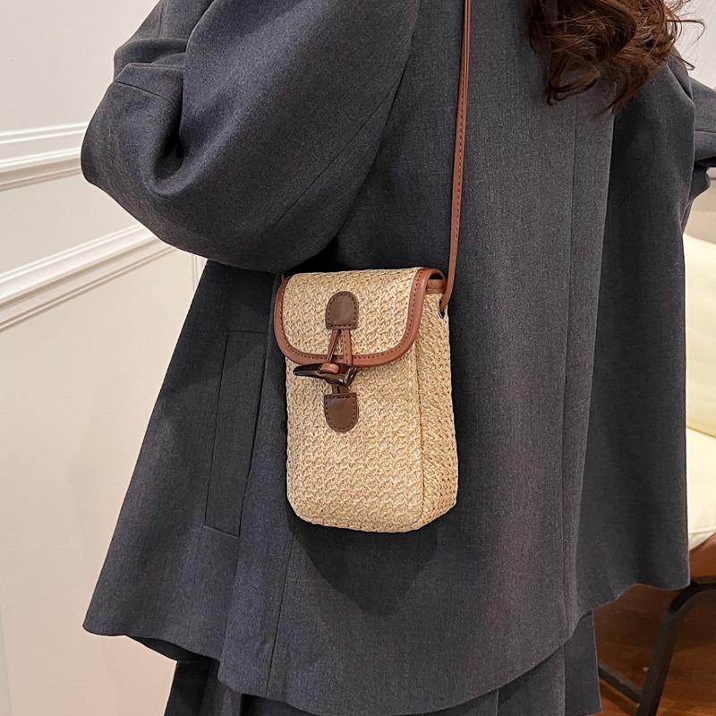 Seaside Holiday Woven Mobile Phone Bag Horn Button Crossbody Shoulder Bag Western Style Mobile Phone Bag