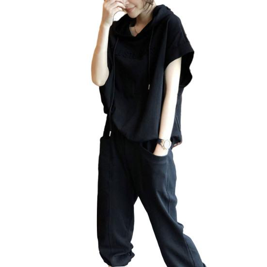 2 шт./компл. комплект брюк с капюшоном на шнурке, однотонный, с короткими рукавами, с эластичной резинкой на талии, карманами, с капюшоном, свободные женские повседневные брюки с ремешками на щиколотке