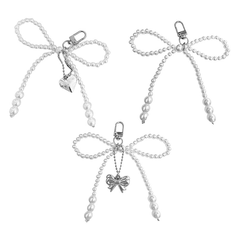 Sweet Bowknot Heart Keychain Pendant Lovely Beaded Hanging Decorations Keyring Charm Phone Lanyard Phone Charm Bag Pendant