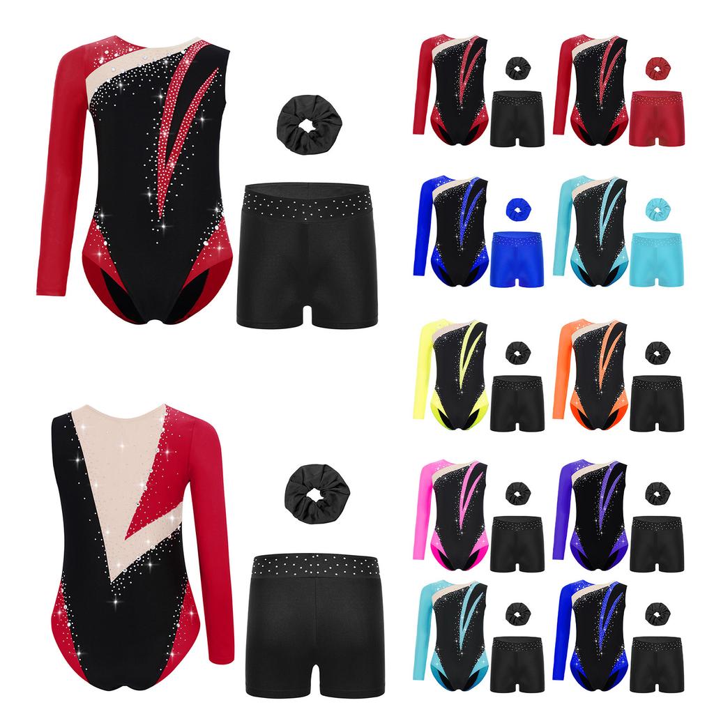 Girls Rhinestone Color Block Asymmetrical Leotard Round Neck Gymnastics Skating Outfit Set