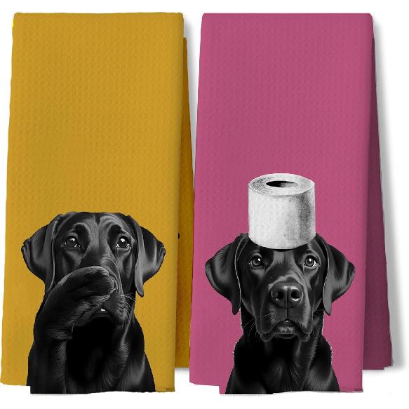Funny Black Labrador Retriever Kitchen Dish Towels, Black Lab Gifts, All Food Must Go to The Lab for Testing Decorative Hand Tea Towels for Kitchen
