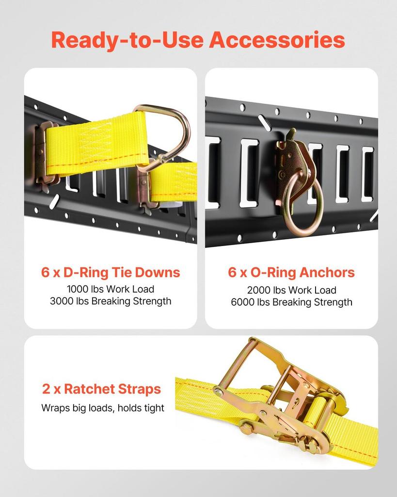 E-Track Tie-Down Rail Kit, 6 Pack 1.5 m E Track Rails, 26 Pcs Includes 2 Ratchet Straps & 6 O-Rings & 6 Tie-Offs with D-Ring & 12 End Caps, Fit for