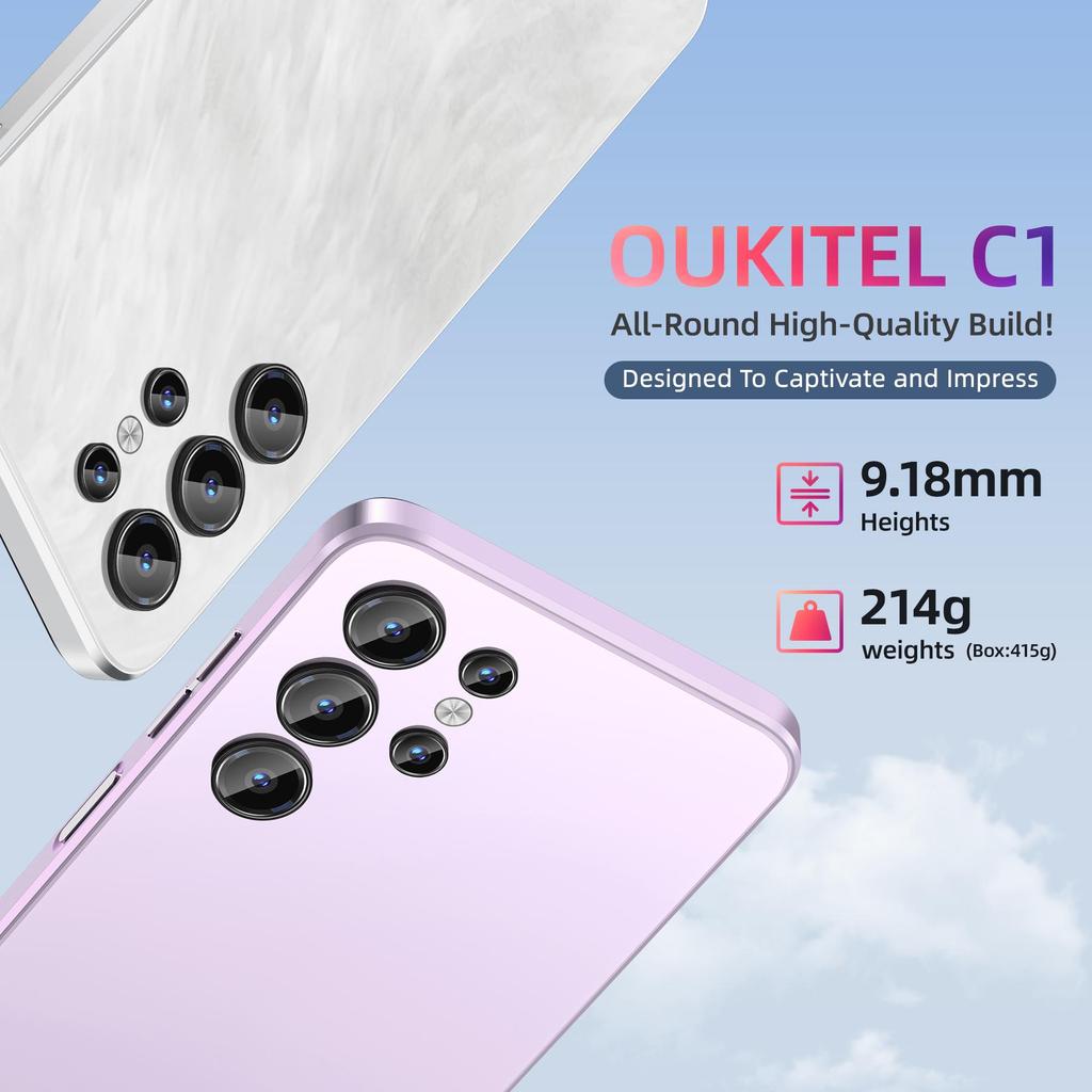 Oukitel Смартфон C1 Android 15, 16 ГБ + 128 ГБ(ТФ 1 ТБ) Смартфон 4G, 6,52" HD+ Экран, Батарея 5150 мАч, Камера 13 Мп + 5 Мп