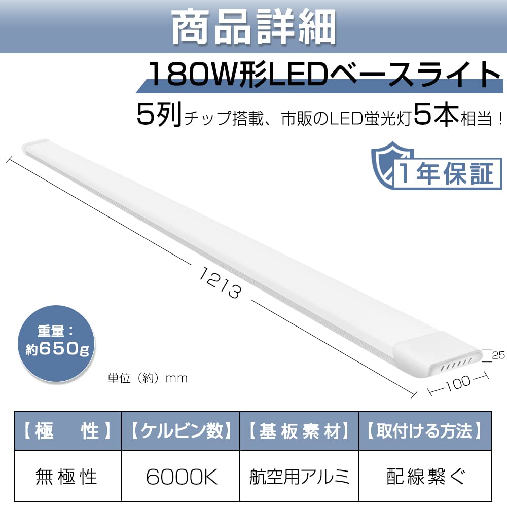 luckintech LED Fluorescent Light, 180W, 90W Power Consumption, Equivalent to 5 Lights, 120cm Long, Integrated Base, Direct Mount, Slim, Daylight