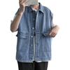 Men Summer Denim Vest Coat Lapel Sleeveless Solid Color Denim Waistcoat Single Breasted Large Pockets Design Washed Cargo Waistcoat