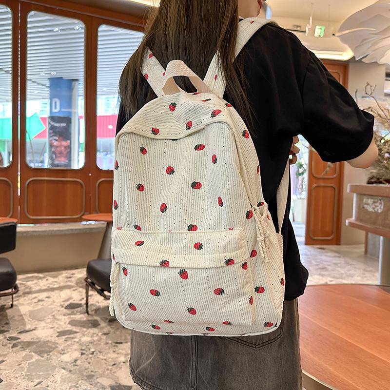 Женский вельветовый рюкзак с принтом клубники, школьный портфель для школьников
