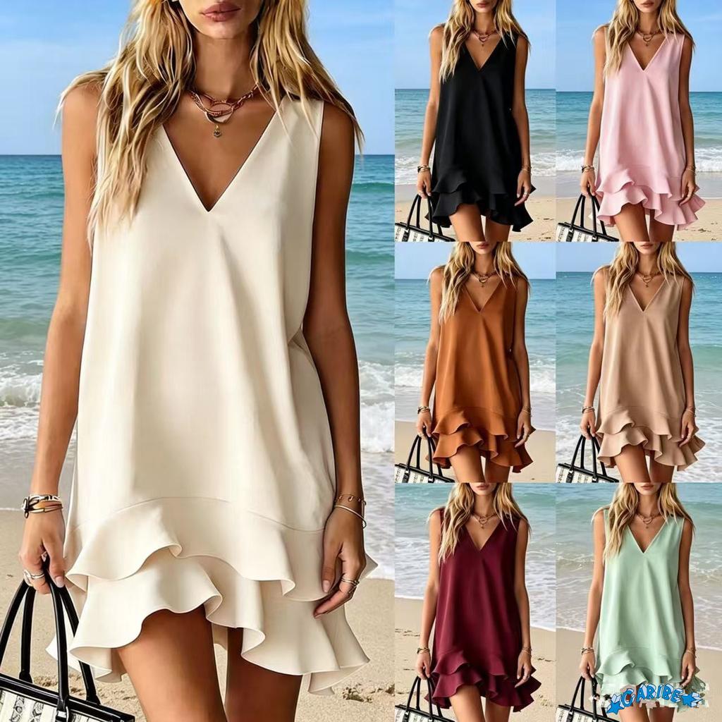 2026 foreign trade new European and American Internet celebrities popular Amazon cross-border V-neck sleeveless loose ruffle dress