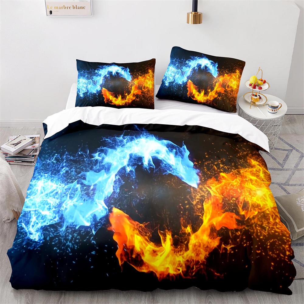 Комплект постельного белья с цветным рисунком «Огонь», сине-оранжево-зеленый, с рисунком «Огонь», размер King Queen для детей, мальчиков и подростков
