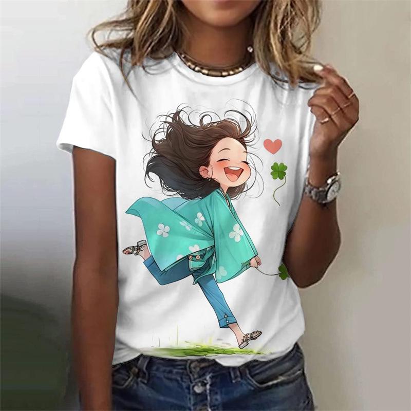 Summer Round Neck 3D Anime Girl Printed Top Fashionable Casual Short Sleeved Women's T-shirts