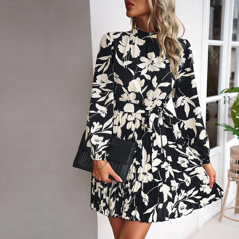 Dress New Holiday Casual Long Sleeve O Neck Tie Pleated Short Dress