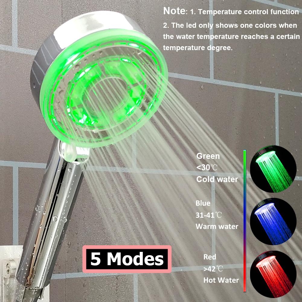 5 Modes Temperature Control Colorful Shower Head 3/7 Color Change LED Spray Nozzle Silver High Pressure Rainfall Bathroom Shower
