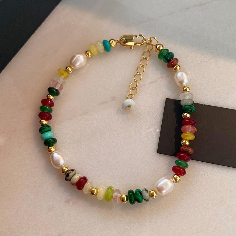 Colorful Stone Bead Freshwater Pearl Necklace Bracelet Set, Boho Beaded Jewelry Set