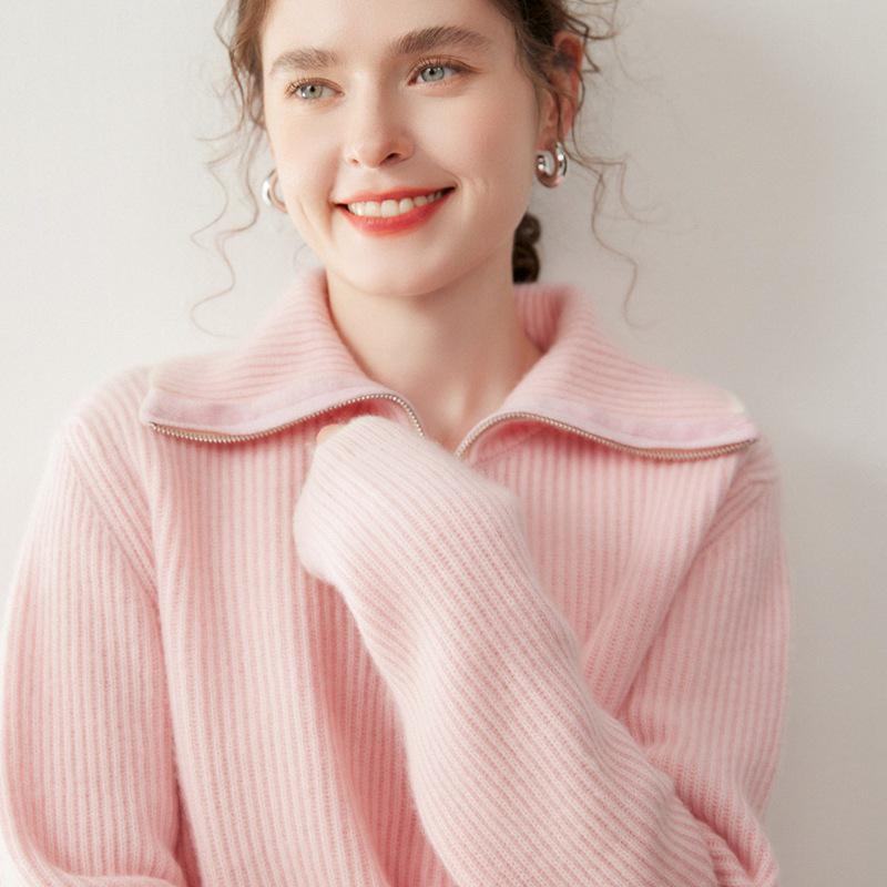 Женский кашемировый свитер в корейском стиле на молнии - Свободный, приталенный, утолщенный пуловер с отложным воротником для осени/зимы.