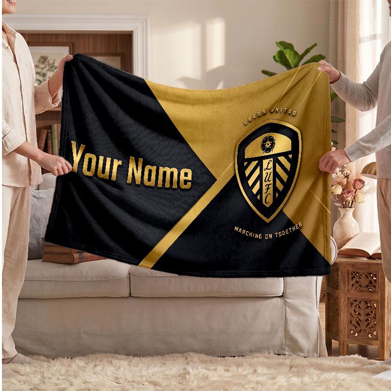 Leeds United Personalized Fleece Blanket With Football Logo, Custom Name Text Soft Warm Home Throw Blanket