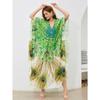 Женская мода лето весна перо принт рукава 3/4 V-образный вырез свободная талия повседневные платья