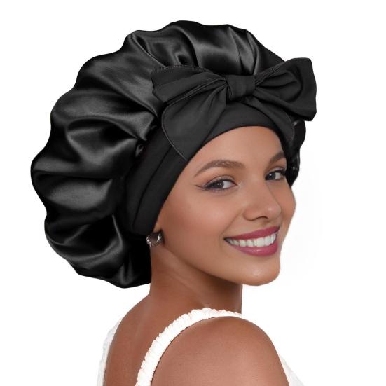 Satin Hair Bonnet for Sleeping Women Double-Layer Faux Silk Cap with Tie Curling