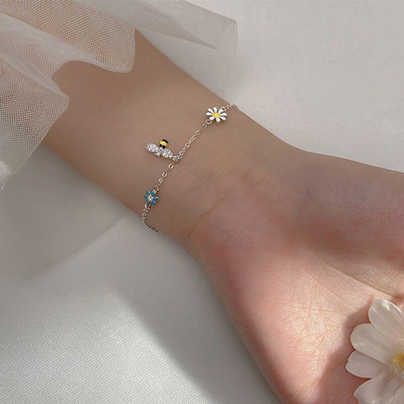 925 Sterling Silver Colored Flower Bee Bracelet Female Sweet Simple Zircon Chain Bracelet