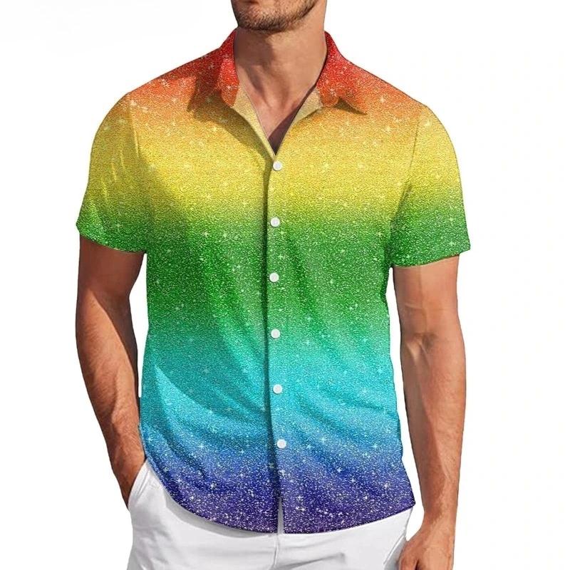 Мужская летняя классическая повседневная рубашка с 3D-принтом «Блестящая радуга», летняя рубашка с коротким рукавом в стиле харадзюку большого размера, женские блузки