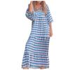 Women's Summer Casual Fashion Geometric Print Neckline Lace-up Bubble Middle-sleeves Ruffle Stitching Big Swing Long Losse Dress