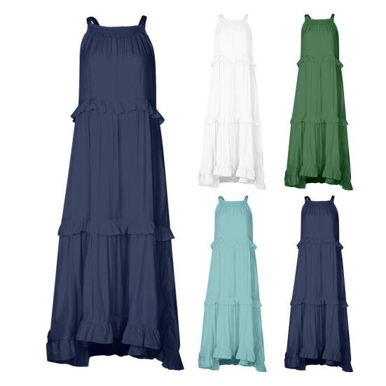 Women Vacation Dress Ruffle Off Shoulder Sleeveless Halter Neck Patchwork A-line Loose Pleated Side Pockets Solid Color Cake