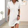 Summer Women Dress V Neck Button Short Sleeves Loose Solid Color Pullover Casual Daily Wear Dating Mini Dress