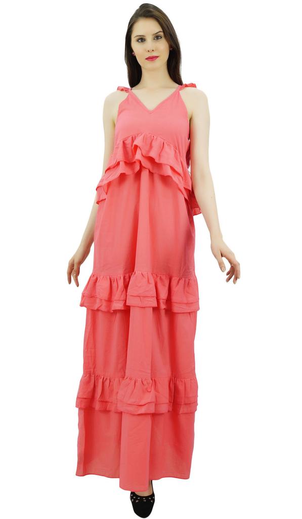 Bimba Sexy Summer Spaghetti Strap Sundress V-Neck Casual Ruffle Long Maxi Beach
