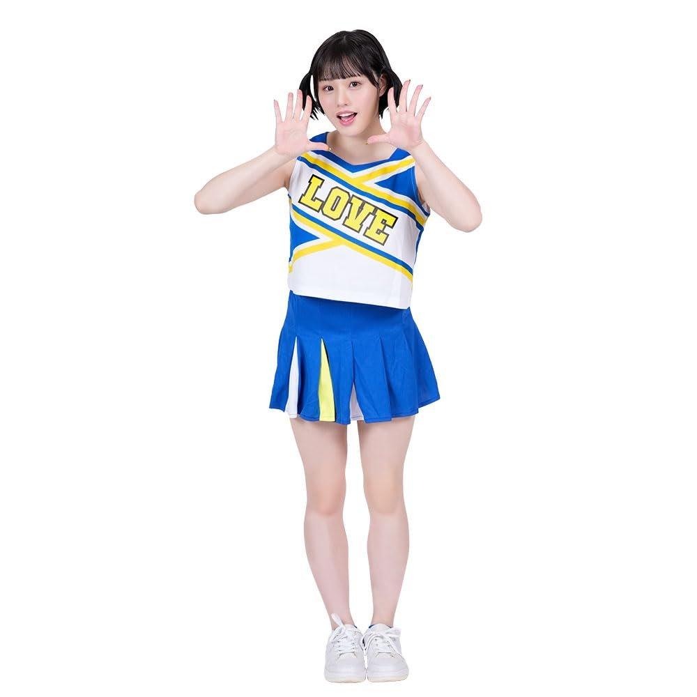 Be With Women's Cheerleader Cosplay Costume Set - LOVE Logo Crop Top and Pleated Mini Skirt, Blue & Yellow, Size M for Halloween Party Events