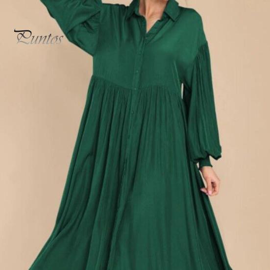 Осень-весна женское платье трапециевидной формы с отложным воротником, большие качели, плиссированные длинные рукава, однотонное однобортное свободное лоскутное платье макси