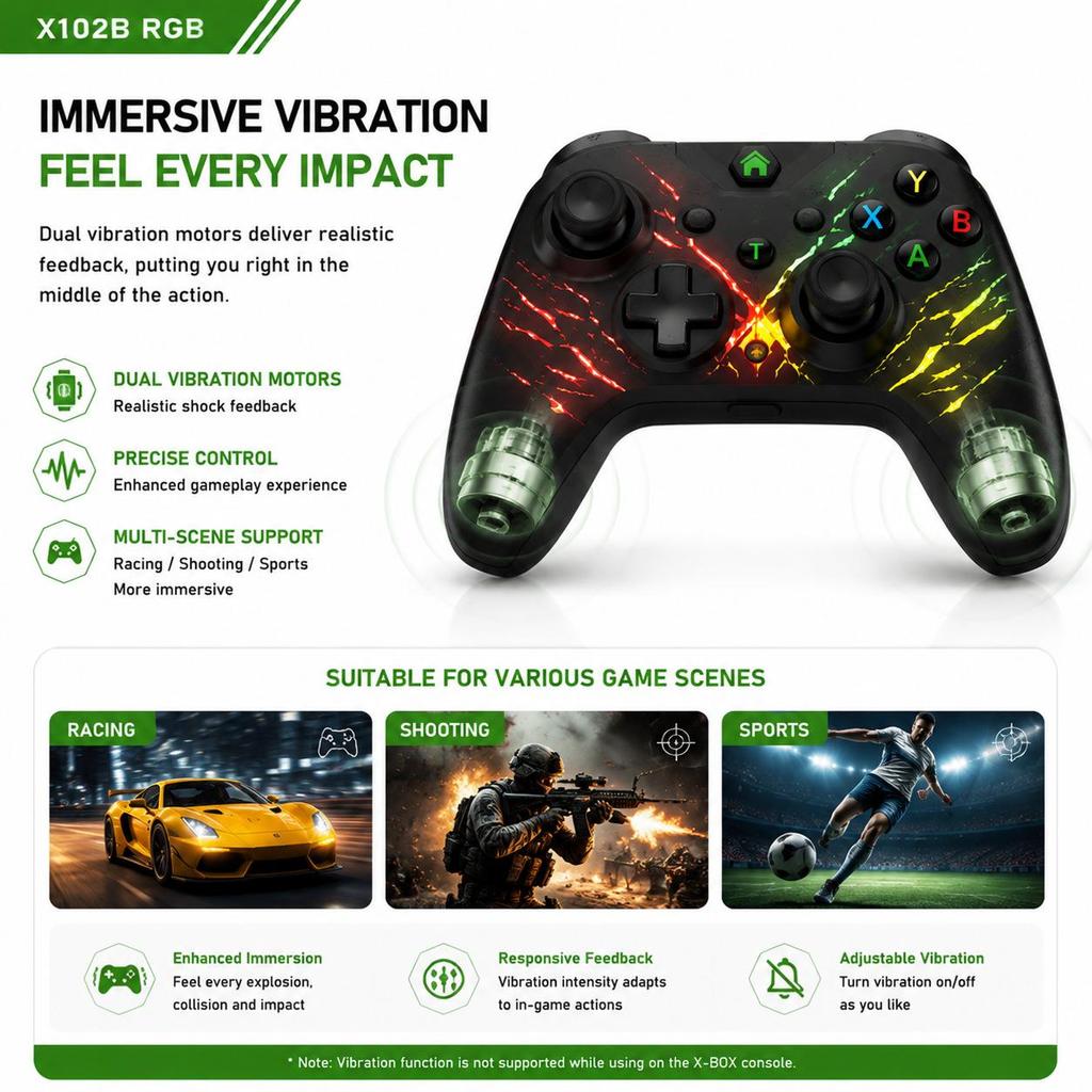 Беспроводной игровой контроллер Xbox One/S/XSX - Совместим с ПК, Android, Switch/P3, Функции вибрации и подсветки