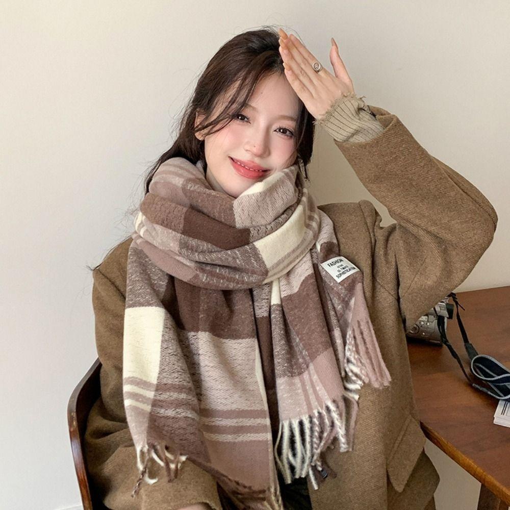 Warm Winter Plaid Scarf Rose Pink Pashmina New Long Tassel Scarves  Women