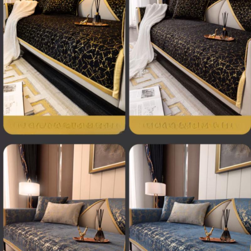 High-end Black Gold Leather Sofa Cushion Modern Non-slip Anti Cat Scratching Chair Pad Satin Edging Recliner Cover Towel Winter