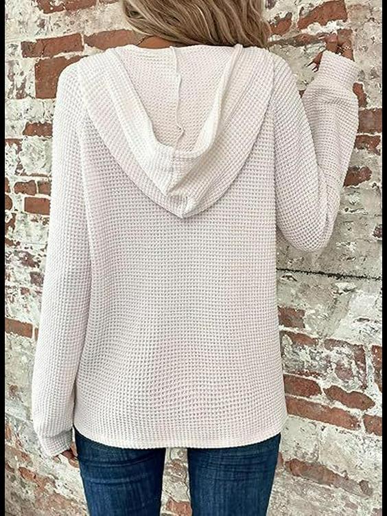 Женская толстовка с капюшоном из вафельной ткани с V-образным вырезом и пуговицами на завязках, с длинным рукавом