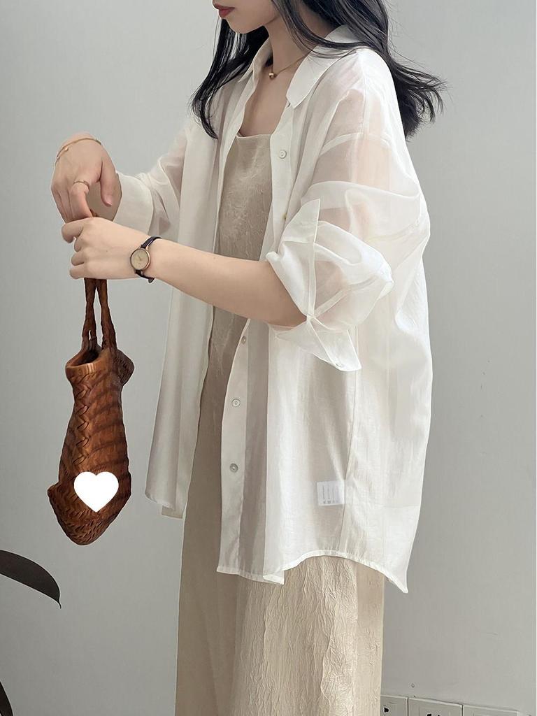 Women's Summer Loose Fit Tencel Shirt with Frog Buttons and Tie-Back, Turn-Down Collar, Sun Protection