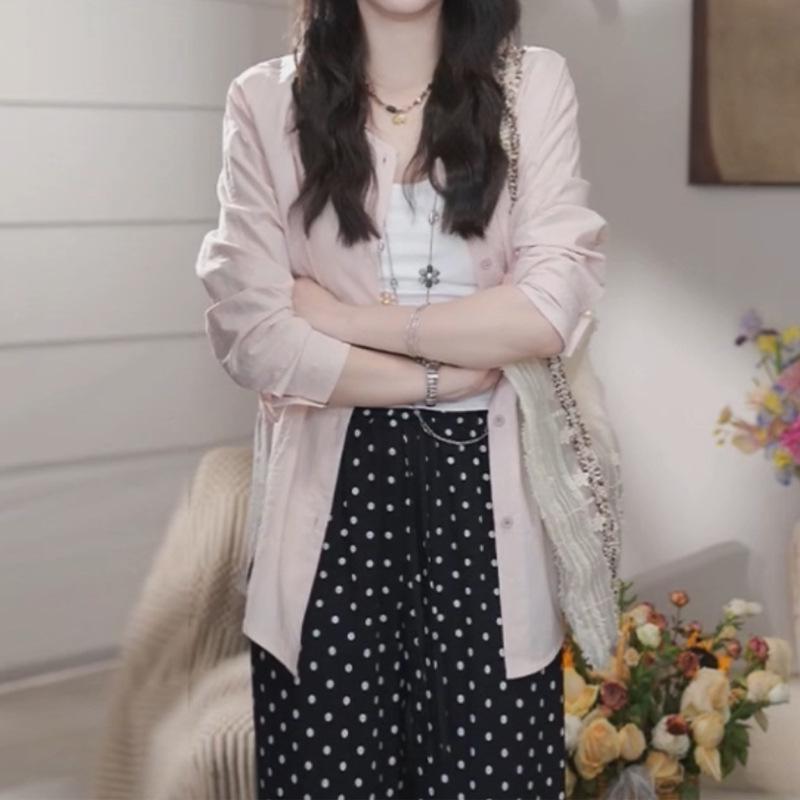 Roland Powder Mist Light Pink Polka Dot Shirt & Wide-Leg Pants Two-Piece Set - 2026 Spring High-End Style, Comfortable & Slimming.