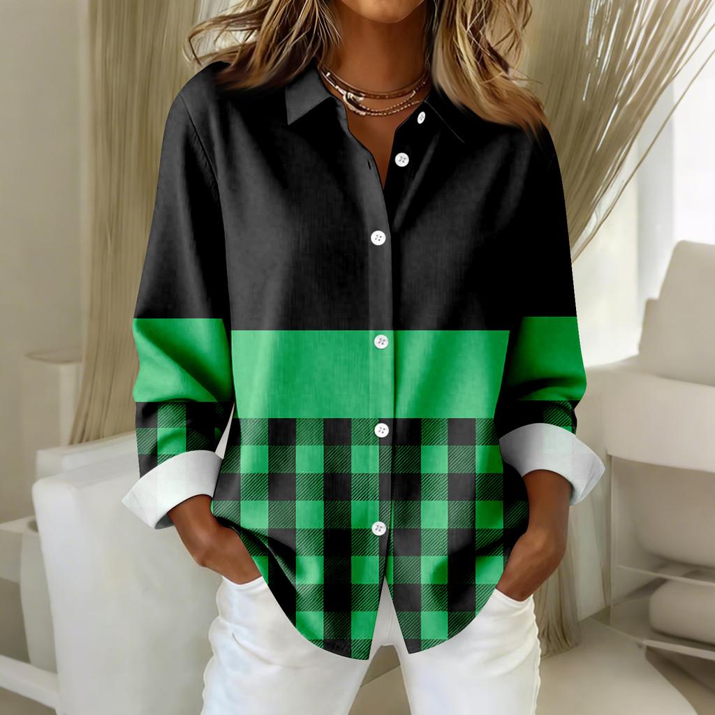 Женская рубашка-блузка с принтом и пуговицами, длинный рукав, повседневный базовый рубашечный воротник, обычный топ