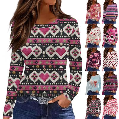 Женская модная повседневная свободная футболка с принтом и круглым вырезом с разрезом и длинным рукавом, женский топ