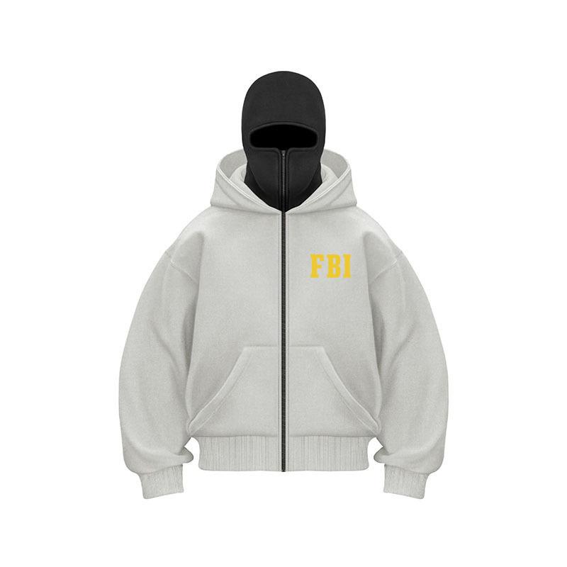 Mens Hooded Sweatshirt FBI Loose Jacket Double Hat Autumn Winter Sporty Hooded Sweatshirt Long-Sleeve Hoodies